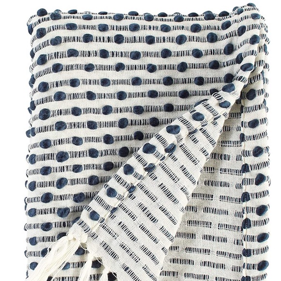 Cream Navy Blue Farmhouse Modern Chic Cozy Cute Textured Polka Dot Throw Blanket - Picture 3 of 7